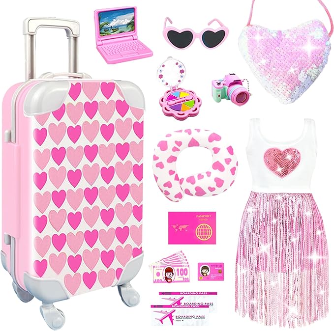 20Pcs 18 Inch Girl Doll Accessories Case Luggage Travel Play Set with Clothes, Bag, Travel Pillow, Glasses, Computer, Pretend Makeup Toy, Stuff for 18 Inch Doll - Christmas Birthday Gift