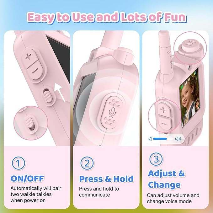 Meining Video Walkie Talkies for Kids 2 Pack, Rechargeable Long Range Two Way Radios Toys for Boys Girls, Indoor & Outdoor Adventure Camping Hiking, Birthday Gifts for 3-12 Years Old