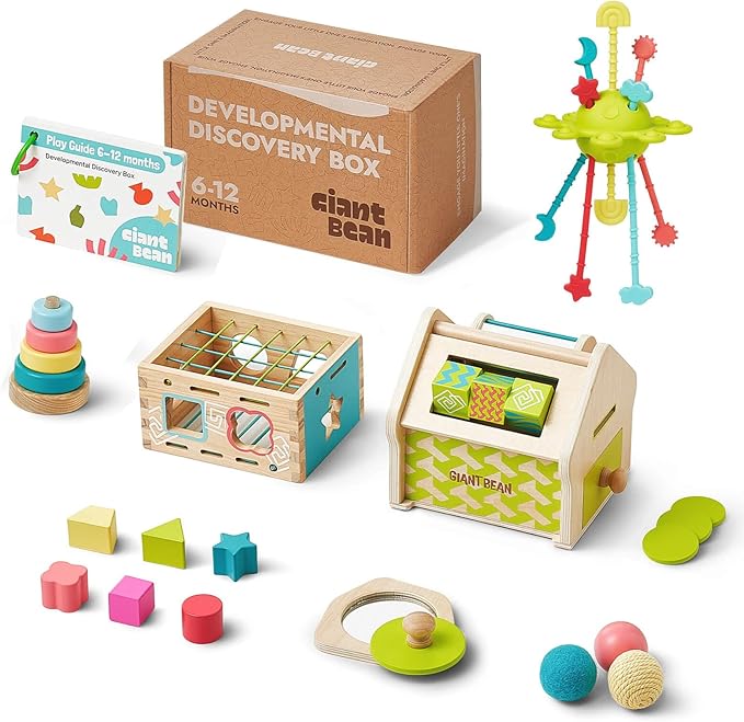 Giant bean Montessori Toys for Baby, 6-in-1 Wooden Early Education Learning Toys with Sensory Teething,Object Permanence Box,Shape Sorting Stacking Ring,Mirror Puzzle,Christmas Toy for Kid 1 2 3