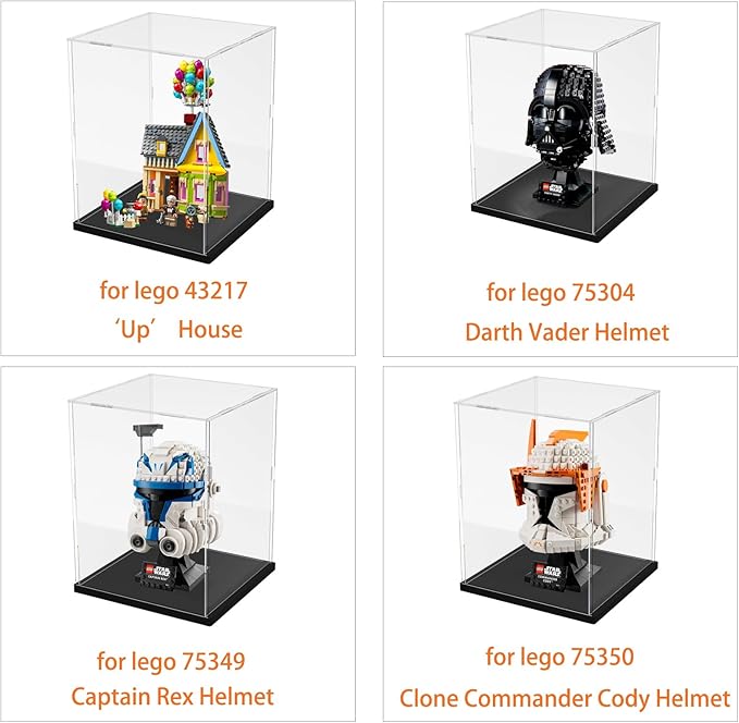 Thickened Clear Acrylic Display Case for Lego 75379 R2-D2 (Mini) 43217 75304 75349 75350 Collectibles, Transparent Box Protection with Wood-Plastic Base & String Light, Black Inside 7.9x7.9x11.8inch