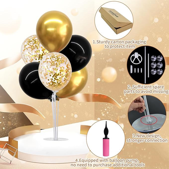 TONIFUL 4 Set Black Gold Balloon Centerpieces for Table,Balloon Stand Kit for Black Gold Party Decor 40th 50th 60th 70th Birthday Decorations Anniversary Graduation Decorations 2026 Retirement