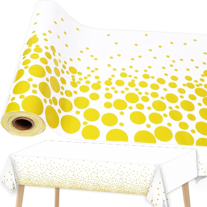 White Golden Dots Tablecloth Roll 52 in x 100 Ft Wedding Party Supplie Gold Dot Party Table Cover for Indoor Outdoor Events Family Banquet Picnic Parties and Celebrations（Plastic ）