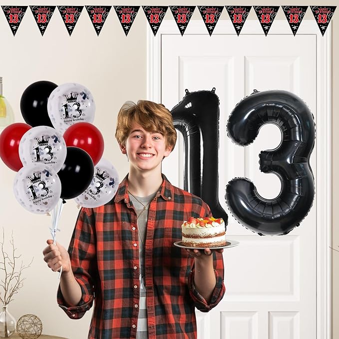 13th Birthday Decorations for Boys Girls, Red Black Happy 13th Birthday Door Banner Sign, Boy 13 Year Old Bday Party Decor Triangle Flag, Large 13 Balloons, Official 13 Teenager Decorations