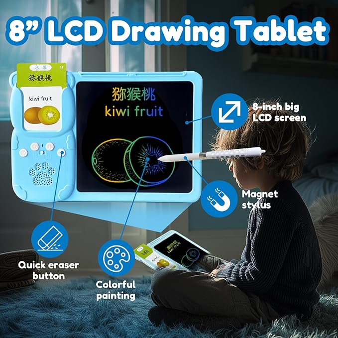 Drawing Tablet with Bilingual Flashcards for Kids - Chinese English Talking Flash Cards, LCD Writing Pad Board, Pocket Speech for Toddlers, Learning Toy Gift for Boys Girls (Chinese, Blue)