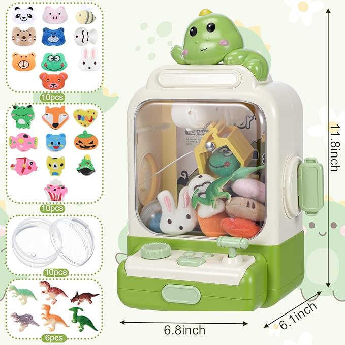 Cartoon Claw Machines for Kids 36 Prizes Age 6+ Mini Vending Machines with Music for Kid with Plush Toy Christmas Birthday Thanksgiving Girls Boys Gifts(Dinosaur)