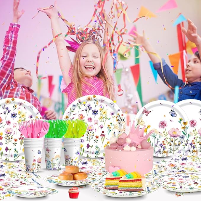 120Pcs Wildflower Plates Napkins Flower Birthday Party Supplies Floral Baby Shower Decorations Watercolor Colorful Cups Forks Spring Paper Disposable Tableware Set for 24 Guests
