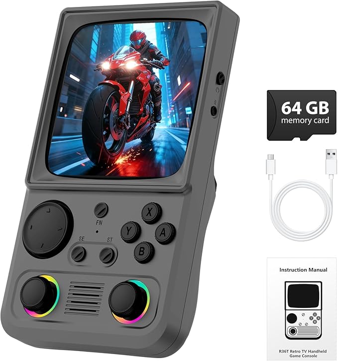 R36TMAX Retro Handheld Game Console, 4.0'' 720x720 IPS Screen, 64GB Supports 18000+ Classic Games, EmuELEC System Supports WiFi Networked Fighting and OTG, 4000mAh, with Portable Case(Gray 64GB)