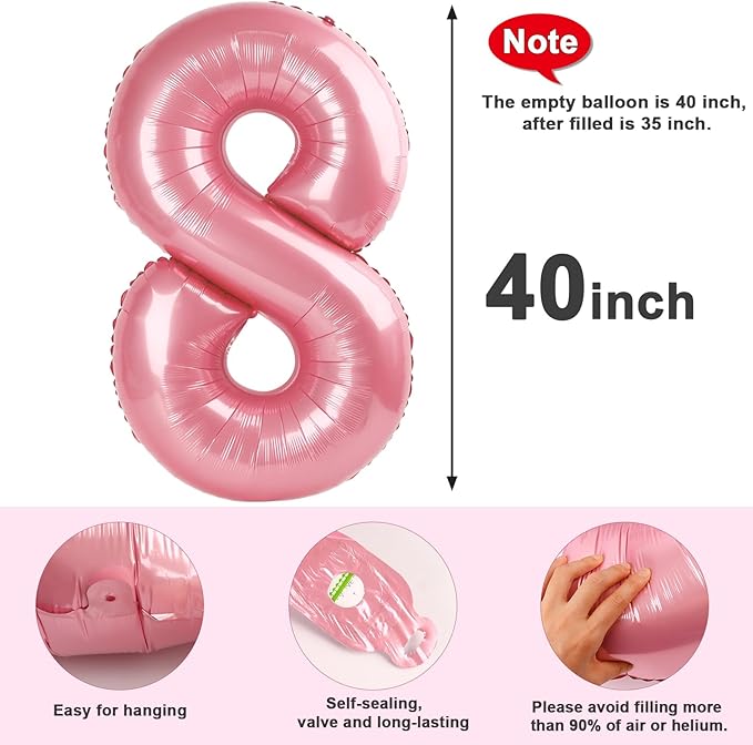 40 Inch Number 8 Balloon, Pastel Pink 8 18 28 80 Birthday Balloons for Men Boys, 8th Birthday Decorations Party Supplies, Wedding, Graduations