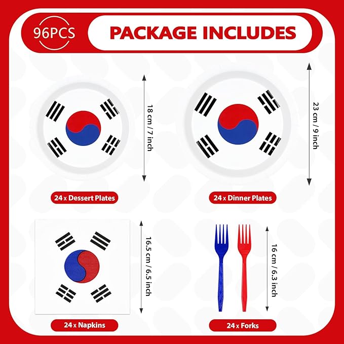96 Pcs South Korea Flag Themed Party Supplies Disposable South Korean Paper Plates and Napkins Korean National Flag Tableware Set for Country Decoration Party Supplies, Serves 24