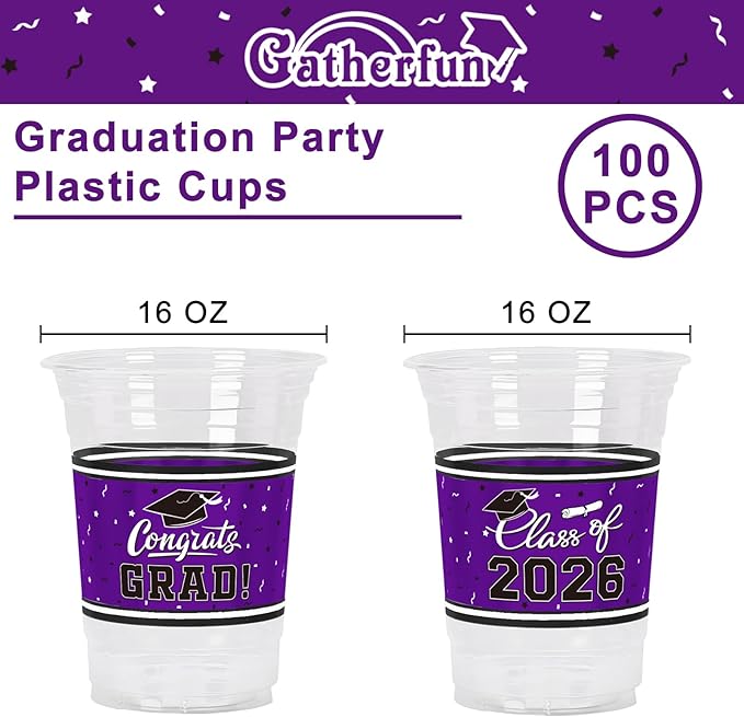 Gatherfun Class of 2026 Celebration - 100 Pcs 16oz Pruple Graduation Plastic Cups for Sturdy & Durable Drinkware for Grad Festivities | Essential Graduation Party Supplies & Decorations