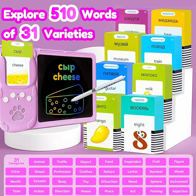 Drawing Tablet with Bilingual Flashcards for Kids - Russian English Talking Flash Cards, LCD Writing Pad Board, Pocket Speech for Toddlers, Learning Toy Gift for Boys Girls (Russian, Pink)