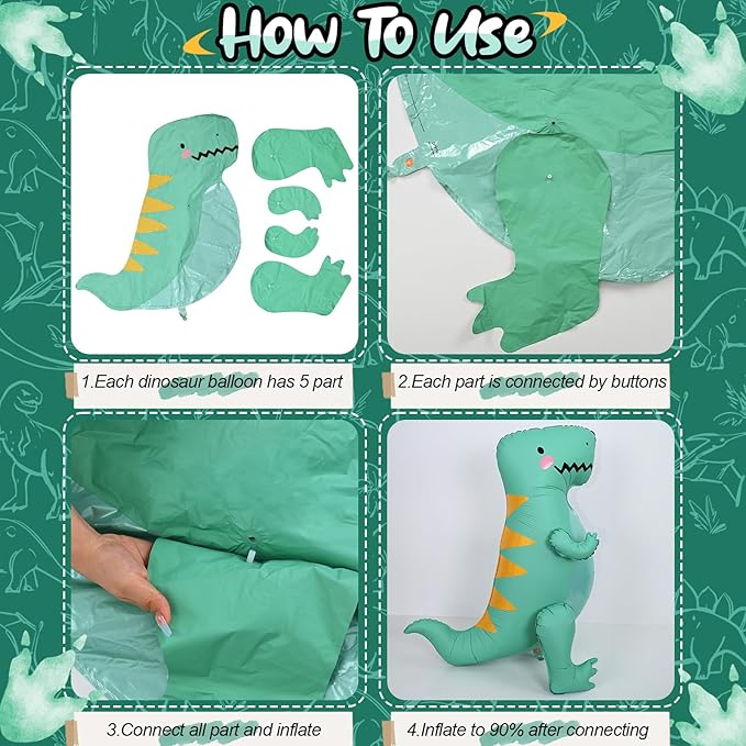 43" Large 3D Dinosaur Balloon for Party Decorations, Cute Giant Self Standing Inflatable Dinosaur Balloons, Dino Foil Balloons for Kids Jungle Dino Themed Baby Shower Birthday Party Decor Supplies
