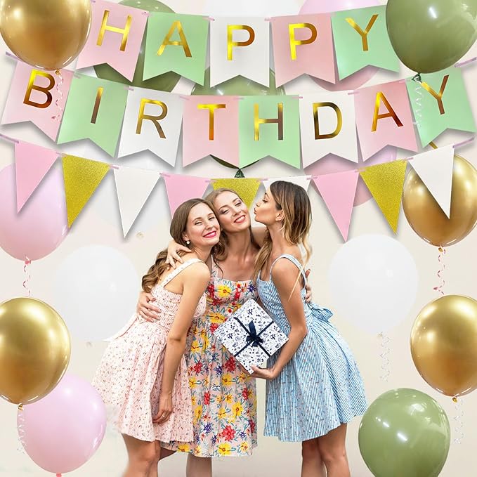 Happy Birthday Banner, Happy Birthday Decorations for Girls, 16 Pcs 12in Balloons with Banner Bunting and 3 Ribbons for Men Women Girls and Boys Birthday Party Decorations(Green Pink)