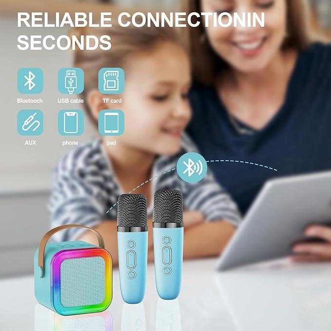 Mini Karaoke Machine for Kids & Girls with 1 Wireless Microphone, Portable Bluetooth Speaker, Christmas Birthday Gift Toy for Boys & Toddlers Ages 3, 4, 5, 6, 7, 8, 9, 10, 11, 12+ Years Old (Blue - 1)