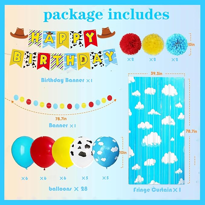 Cartoon Story Birthday Party Supplies Decorations, Include Banner, Balloons, Foil Fringe Curtains, Paper Garland Pull Flower, Tissue Paper Pom Poms
