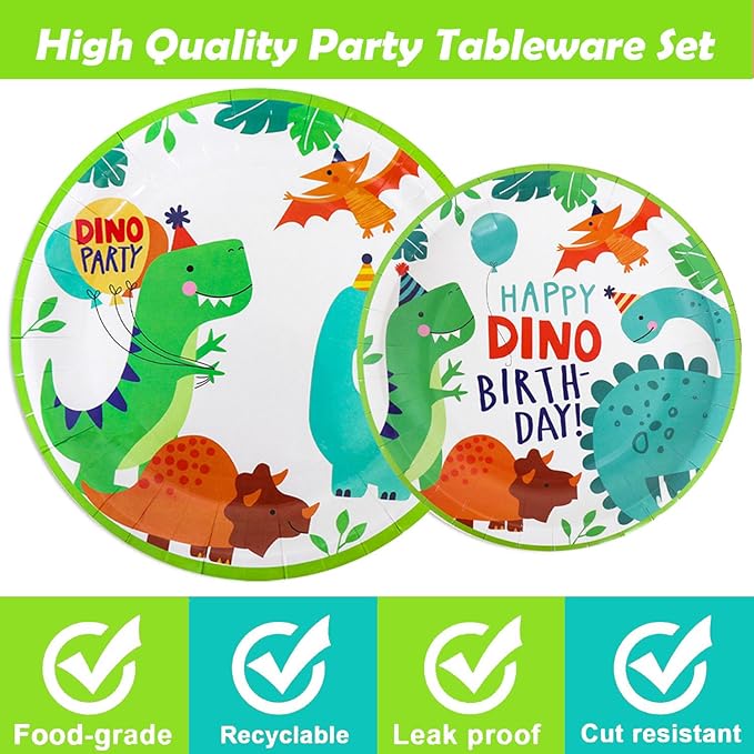 96 Pcs Dinosaur Party Supplies, Dinosaur Theme Birthday Party Decoration Includes Plates Napkins Forks, Dino Tableware Set for Birthday, Serves 24 Guests
