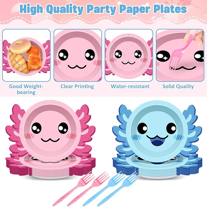 80Pcs Axolotl Birthday Party Plates 7 Inch Dessert Plates and Forks Cartoon Axolotl Dinner Paper Plates Dinnerware for Kids Boys Girls Party Baby Shower Decorations Supplies Favors