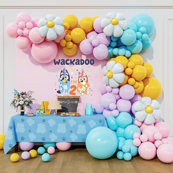 Blue Dog Daisy Balloon Arch Garland Kit for Girls Wackadoo I'm Two Birthday Puppy Pawty Blue Dog Party Bingo Birthday Daisy Flower Groovy Party Decorations (Pink Blue Daisy)
