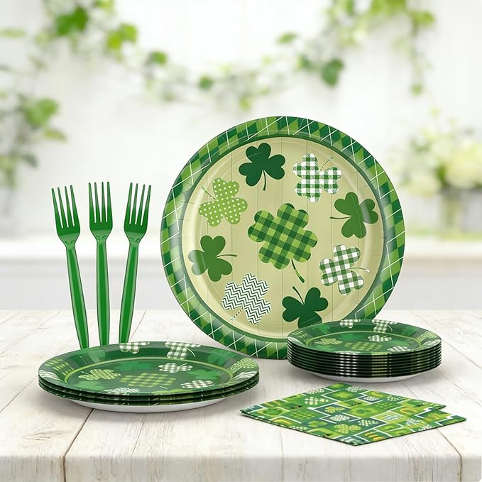 St. Patrick’s Day Tableware Set, 96 Pcs Lucky Green Shamrock Disposable Dinnerware with Paper Plates, Napkins, and Forks for St Patrick Day, Irish Party Supplies- Serves 24