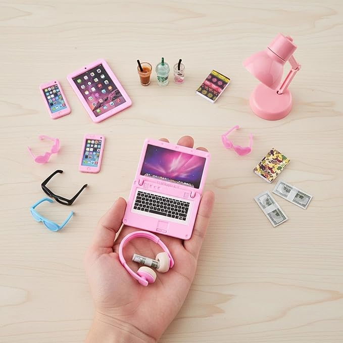 20Pcs Dollhouse Miniature Laptop Computer Tablet Phone Lamp Book Glasses Coffee Headset Simulation Accessories 1/12 1/6 Toy Pad Play Set Fits Barbie Doll Girl Mini Drink Party Office (Pink)