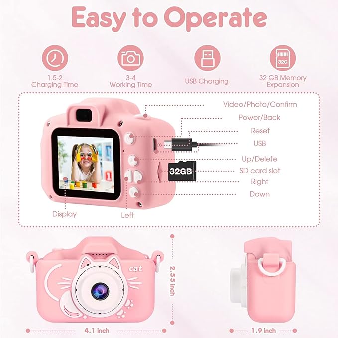 Kids Camera, 2 Lens Selfie Camera for Kids, HD Video Digital Camera for Girls, 3 4 5 6 7 8 9 Year Old Girl Christmas Birthday Gifts,Toddler Camera Toys with 32GB Card Pink