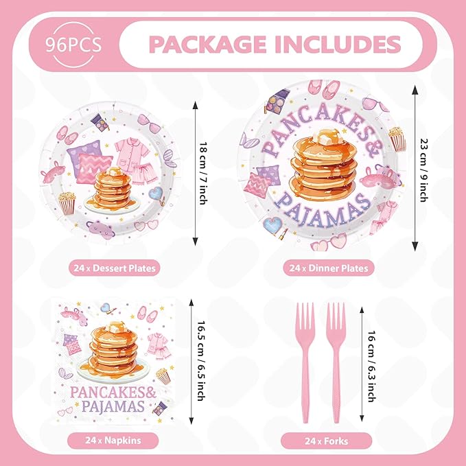 96Pcs Pancakes and Pajamas Party Supplies Pajama Brunch Plates and Napkins Girls Pink Night Sleepover Tableware Set for Girls Night Pancake Themed Slumber Party Decorations Serves 24