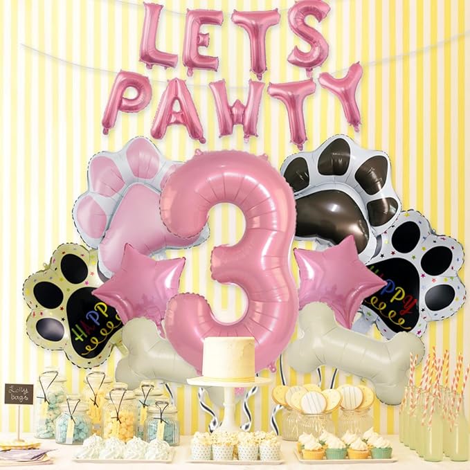 3rd Dog Balloons 18pcs Lets Pawty Balloons Dog Paw Birthday Decor Pink 32 inch Pink Number Balloons 3 Mylar Foil Balloons for Lets Pawty Birthday Decorations Dog 3rd Birthday Party Supplies