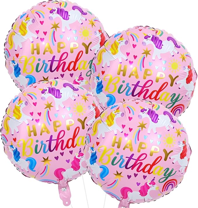 18 Inch Unicorn Balloons for Party Decor, 4PCS Round Rainbow Unicorn Foil Mylar Birthday Balloon for Girls Women Rainbow Themed Baby Shower Cute First unicorn Birthday Party Decorations Supplies