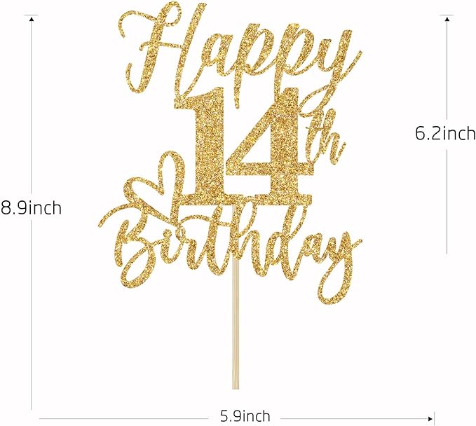 Gold Glitter Happy Birthday Cake Topper, Funny Party Supplies for 14th Birthday
