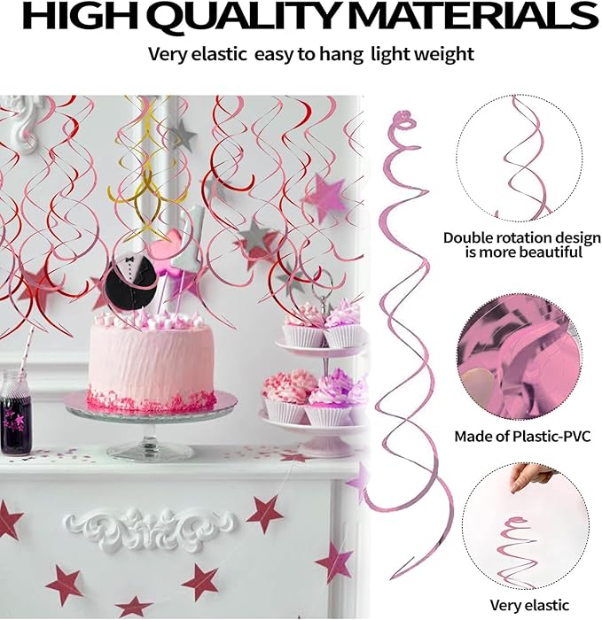 30 Pieces Hanging Swirl Party Decorations Ceiling Spiral Plastic Streamer for Birthday Graduation Wedding Celebration Baby Shower Party（Pink）