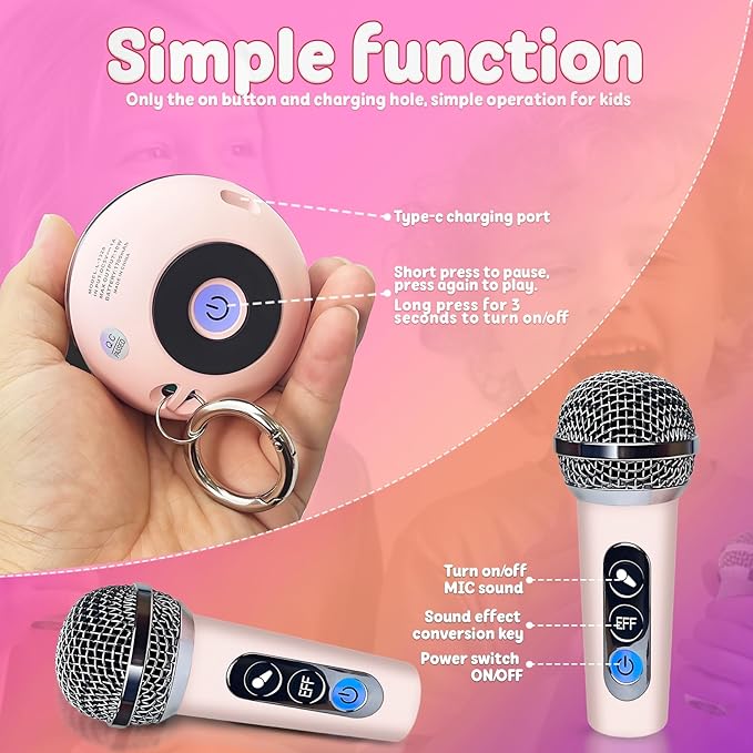 Mini Karaoke Machine for Kids Gifts,3 4 5 6 7 8 9 10 11 12+ Years Old Girl Boy Birthday Gifts Party Singing Toys,Portable Bluetooth Speaker with 2 Wireless Microphone for Teens,Simple Button (Pink)