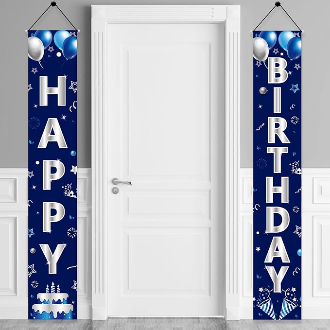 Blue Silver Happy Birthday Door Banner Decorations for Men Boys,Happy Birthday Banner Porch Sign Party Supplies,16th 18th 21st 30th 40th 50th 60th Bday Decoration for Outdoor Indoor