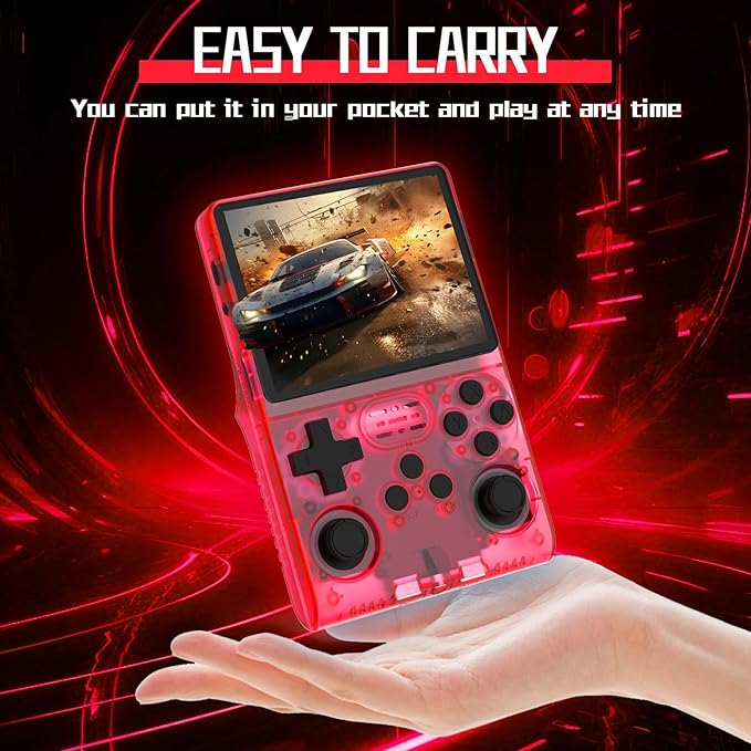 FVBADE[30000 in 1] R40S PRO Handheld Game Console 3.5 inch IPS Screen Mini Retro Console 3800mAh Portable Pocket Arcade 45+ Mainstream Emulator 256G TF Card Transparent.(Red)