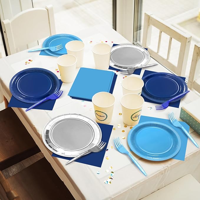 96Pcs Navy Blue and Silver Birthday Party Decorations Blue and Silver Paper Plates and Napkins Sets Navy Tablewares Dinnerwares for Men and Boys Birthday Baby Shower Party Supplies Favors 24 Guest