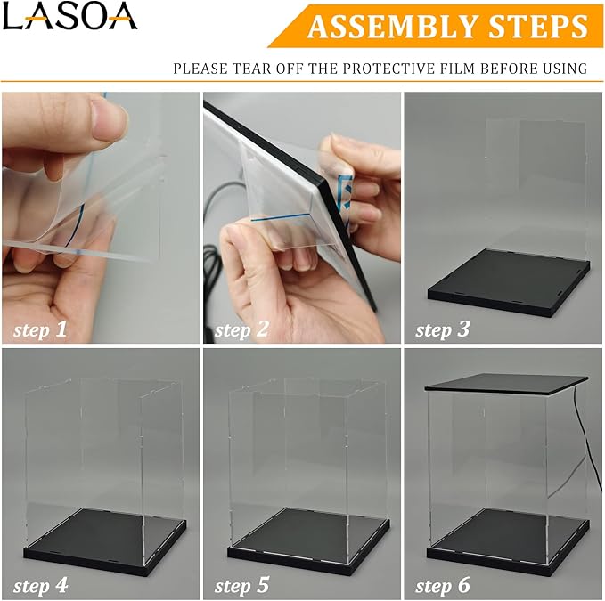 LASOA Acrylic Display Case for Collectibles with LED Light, Alternative Glass Display Box with Black Base and Lid, Self-Assembly Clear Storage Showcase for Memorabilia (5.9x5.9x7.9inch;15x15x20cm)