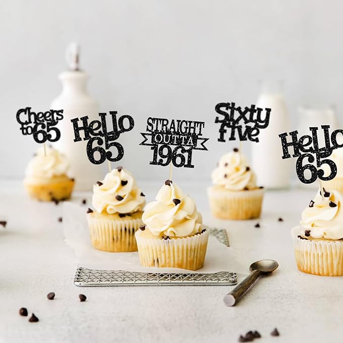 Ephlyn 24Pcs 65th Birthday Cupcake Toppers Glitter Straight Outta 1961 Cupcake Picks Hello 65 Cheers to 65 Years Cake Decorations for 65th Birthday Anniversary Party Decorations Supplies Black