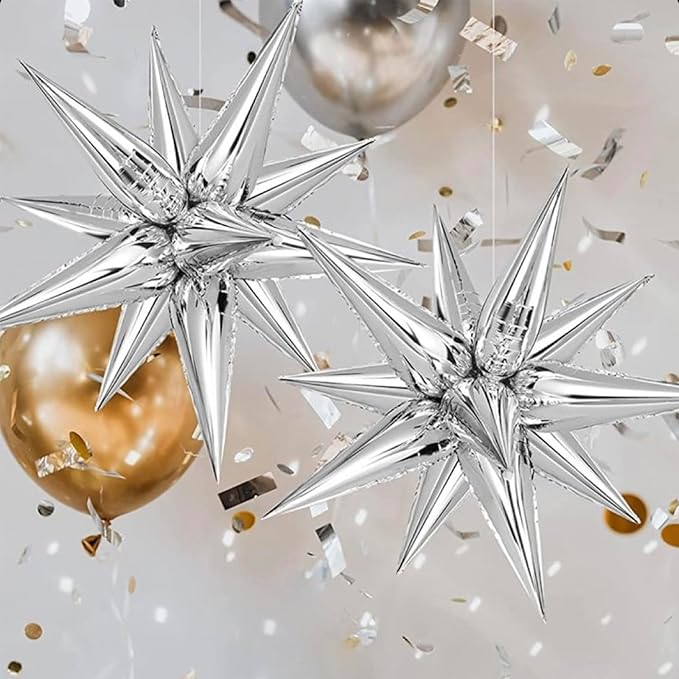 Silver Star Foil Balloons Kit with 6 Pack 12 Point Star Balloons Starburst Cone Balloons Spike Balloons and 10Pcs Four Pointed Star Balloos for Wedding Baby Shower Photo Booth Birthday Party Supplies