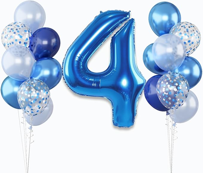 Number 4 Balloon Pastel Blue for kids, XXL 4th Birthday Decor Foil Balloon Dark Navy Blue with Silver Confetti Helium Balloon, 40 Inch Balloon 4 for Boys Four Birthday Party Anniversary Decorations