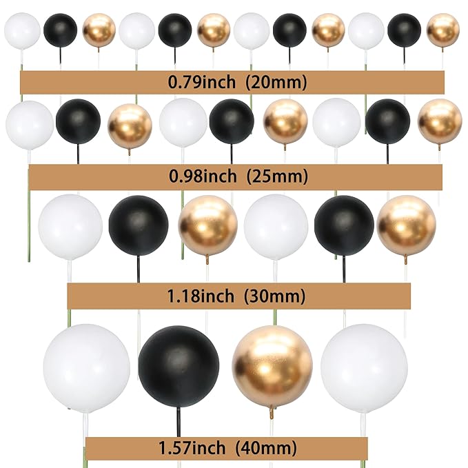 Gyufise 30Pcs Black White Gold Ball Cake Toppers Mini Balloon Cupcake Toppers DIY Foam Ball Cake Insert Decoration for Wedding Anniversary Birthday Party Supplies