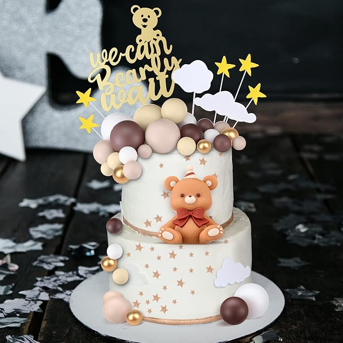 Yinder 54 Pcs Bear Cake Decoration Toppers for Baby Shower Decorations with Balls We Can Bearly Wait Happy Birthday Mini Bear Figurine Cake Party Birthday Supplies (Lovely)