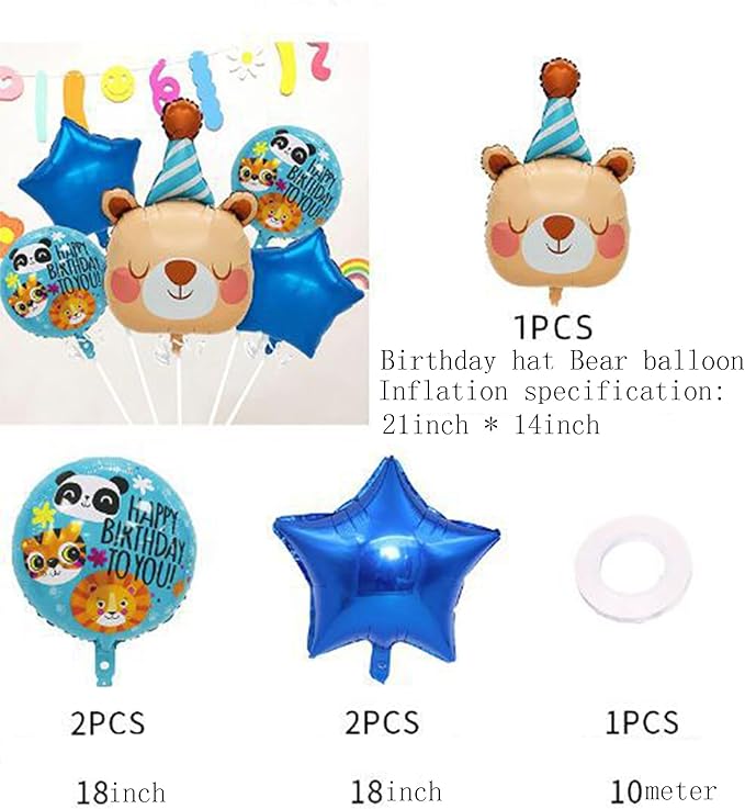 3D Bear Balloon,Kids Happy Birthday Star-shaped Balloon Party Decoration,Baby Shower Children Jungle Themed Decorations Woodland Safari Animal Balloons,5Pcs of Set