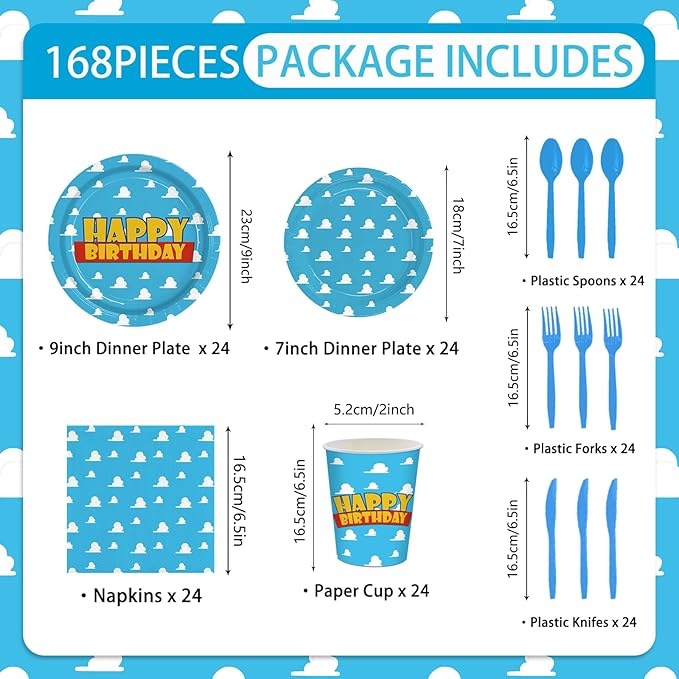 168pcs Cartoon Story Plates Napkins Birthday Party Decorations Disposable Paper Cups Blue Forks Tableware Set Blue Sky White Cloud Party Supplies for Boy kids Birthday Decor Serves 24