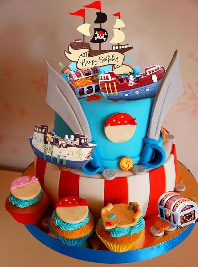 Pirate Ship Cake Topper Nautical Sailboat Model Decoration Set Gold Coins and Pirate Gems Pirate Treasure Chest Compass for Kids Pirate Birthday Party Supplies pirate cake decoration