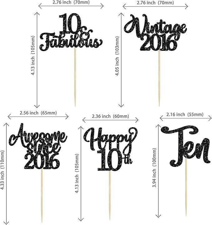 30Pcs Happy 10th Birthday Cupcake Toppers Glitter Ten Vintage 2016 Cupcake Picks Cheers to 10 Fabulous Cake Decorations for 10th Birthday Wedding Anniversary Party Supplies Black