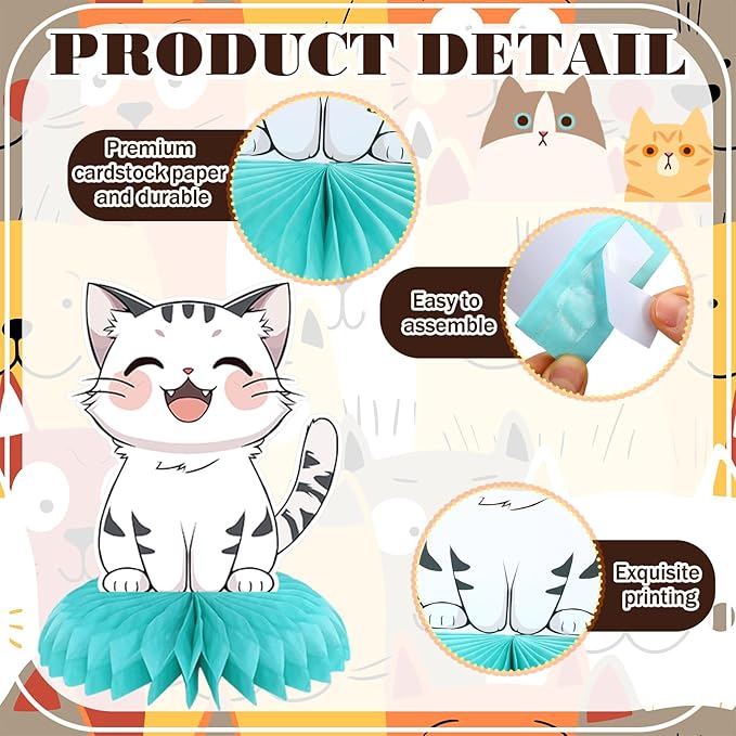 Pickmesh 12 Pcs Cat Birthday Party Decoration Honeycomb Centerpieces Kitten Table Centerpieces Cats Table Topper 3D Double Sided Kitten Decoration for Birthday Pet Theme Party Favors Supplies