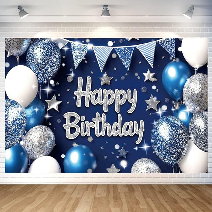 Blue Silver Birthday Party Backdrop Blue Silver Balloon Star Happy Birthday Banner Photography Background for Men Home Decorations Party Supplies 70.8 x 47.2 Inch