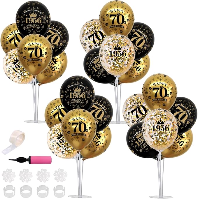 TONIFUL 4 Set 70th Birthday Decorations 1956 Balloon Centerpiece for Table,Black Gold Balloon Stand Kit,Perfect for celebrating born in 1956,Cheers to 70 Years Birthday for Men and Women