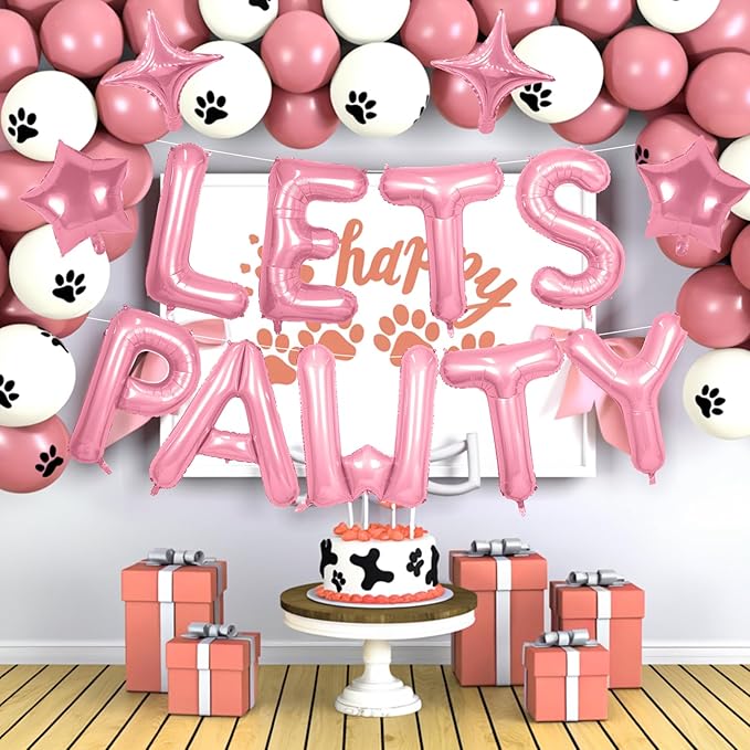 Lets Pawty Balloons Banner 16 Inch,Pink Dog Birthday Decorations with 4pcs 10 Inch Star Balloons,Paw Foil Letter Balloon for Dogs Paw Pet Puppy Theme Party Supplies