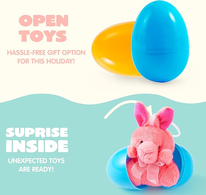 JOYIN 12 Pcs Prefilled Easter Eggs with Plush Toys, Plastic Eggs Filled with Mini Stuffed Plush Toys, Basket Stuffers for Toddlers, Easter Egg Hunt, Party Favors, Classroom Prizes for Kids