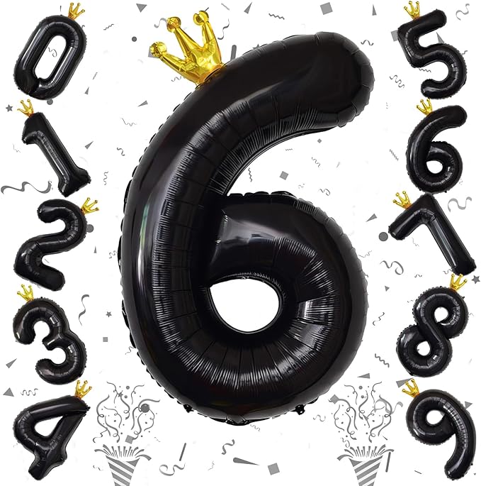 Large Number 6 Balloons, Black 40 Inch Foil Number Balloon for Boys, Crown Self Inflating 0-9 Set Balloons for Girls 6th Birthday Party Decoration Anniversary Party Decorations kids Boys Supplies